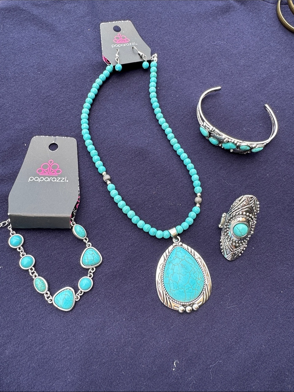 Paparazzi Turquoise Beaded Teardrop Necklace Set with Matching Ring and Cuff